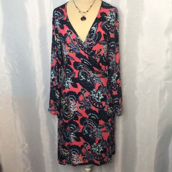 ROXY WOMENS FLORAL PRINT PINK/BLUE LONG SLEEVE WRAP DRESS SIZE S - Picture 4 of 15
